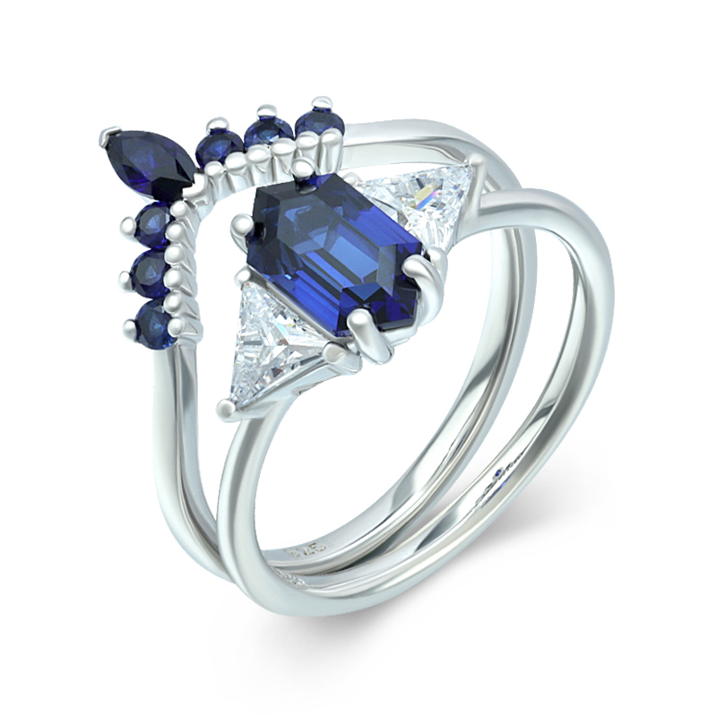 Hexagon Created Sapphire Ring Set 1