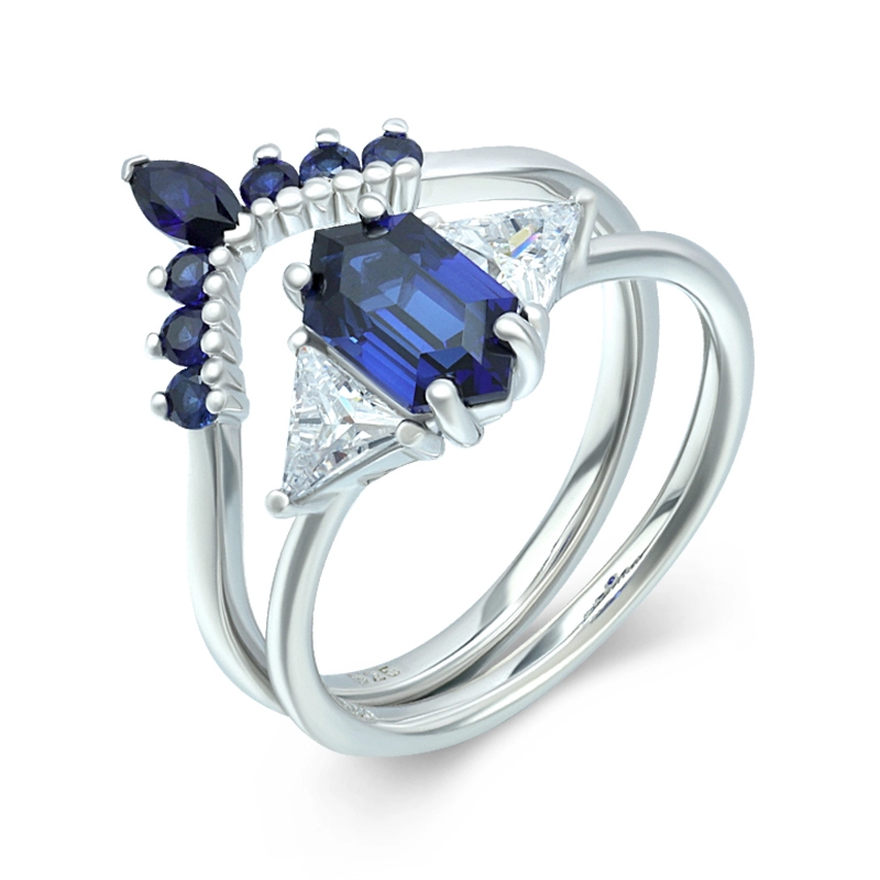 Hexagon Created Sapphire Ring Set 1