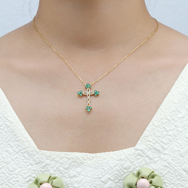 Simulate Flower Emerald Cross Necklace 4