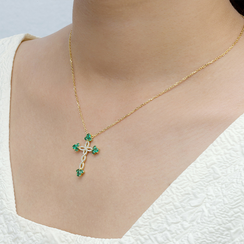 Simulate Flower Emerald Cross Necklace 5