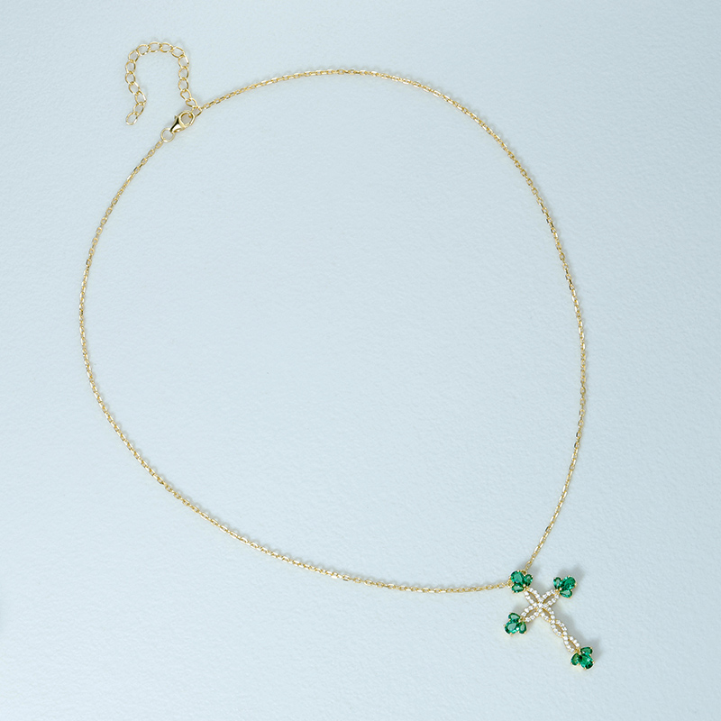 Simulate Flower Emerald Cross Necklace 2