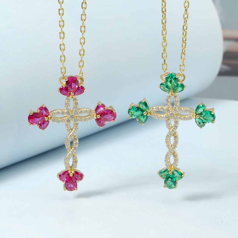 Simulate Flower Emerald Cross Necklace 3