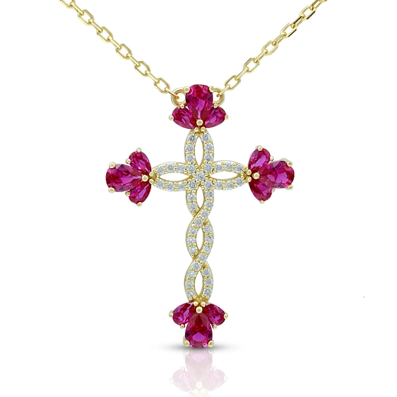 Simulate Flower Ruby Cross Necklace 1
