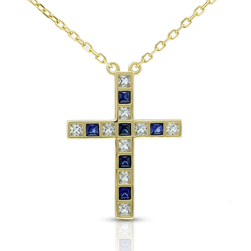 Simulate Square Blue Sapphire Cross Necklace 1