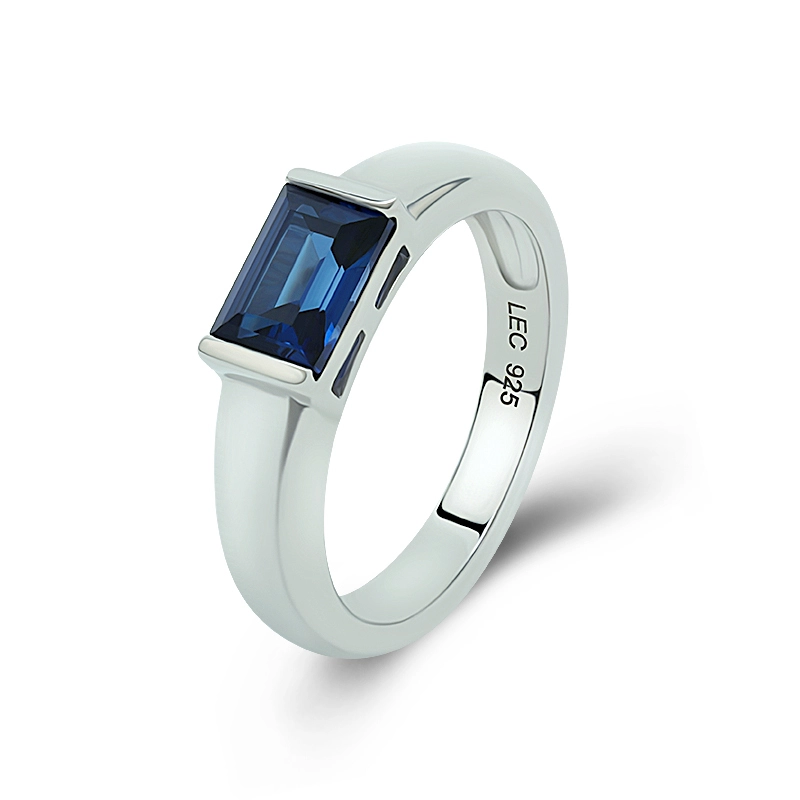 Emerald Cut Sapphire Ring Silver Band 1