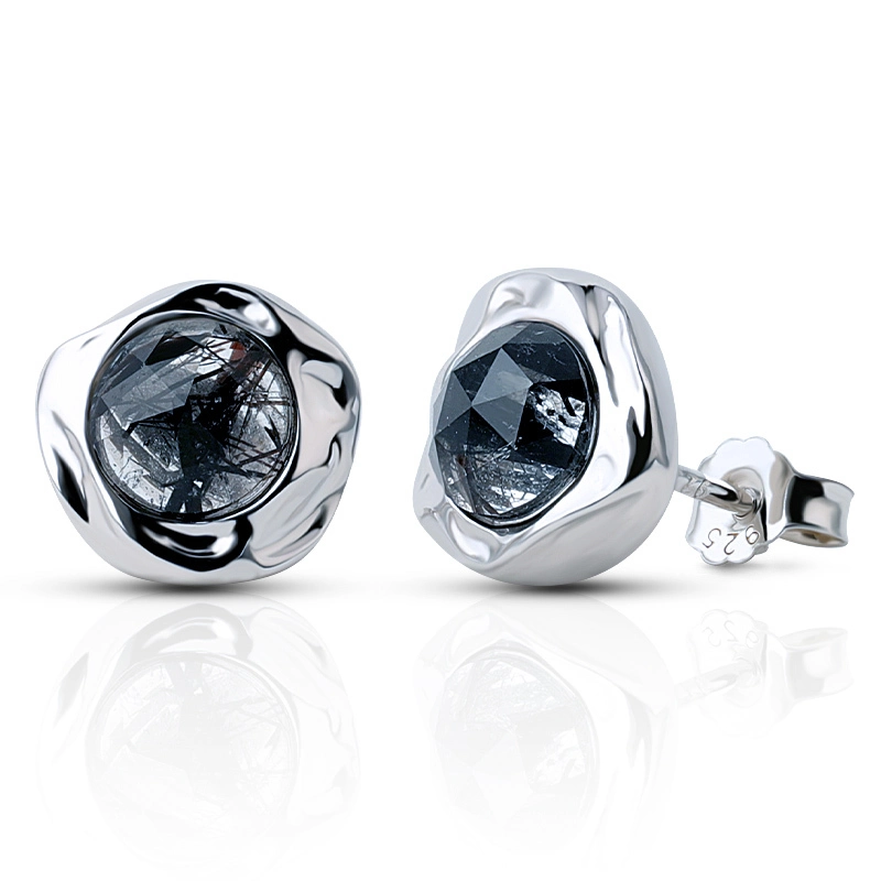 Irregular Texture Black Rutilated Quartz Stud Earring 1