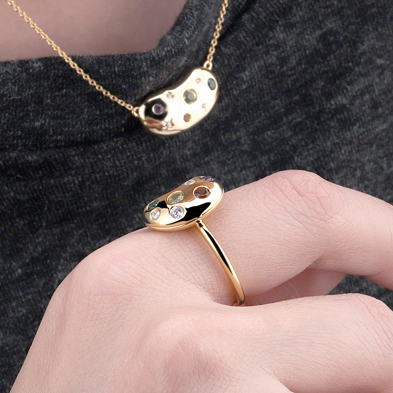 Sterling Silver CZ Bean Ring Gold Plated 2