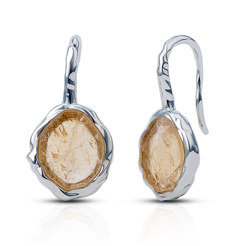 Textured Irregular Dark Citrine Silver Earring 1