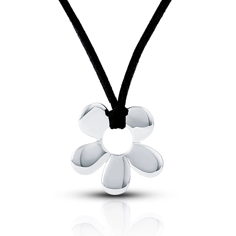 Leather Necklace Silver Flower Pendant 1
