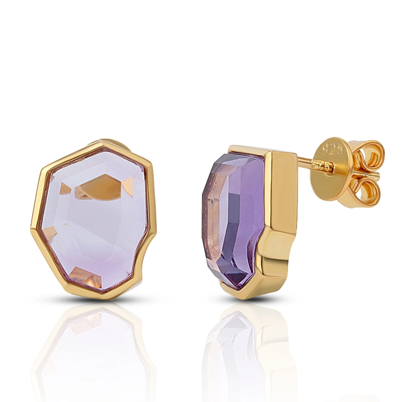 Step Cut Irregular Amethyst Silver Earrings 1