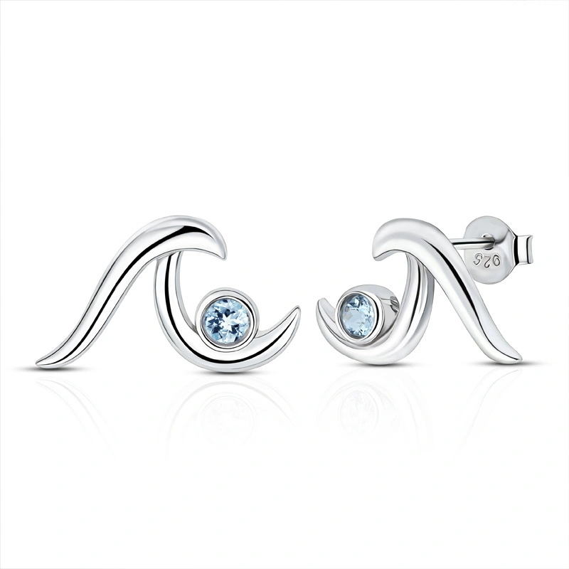 Sterling Silver Aquamarine Wave Stud Earring 1
