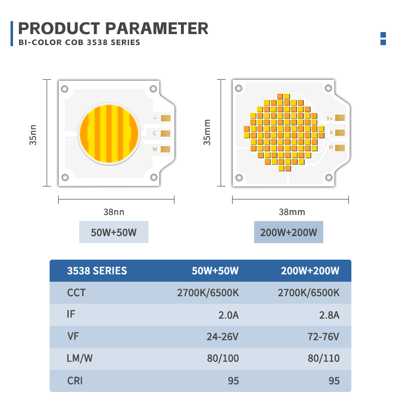 Zweifarbige LED-Chips der Serie 3538, 50 W + 50 W, 200 W + 200 W, Hochleistungschip 2700 K, 6500 K für Fotolicht 3