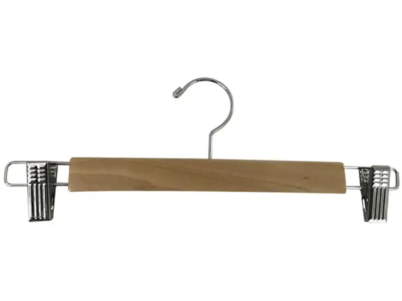 Natural Finish Wooden Pant Skirt Hangers with 2 Pieces Adjustable Anti-Rust Clips 1