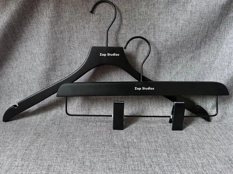 Customized black wooden hanger with black hook 1