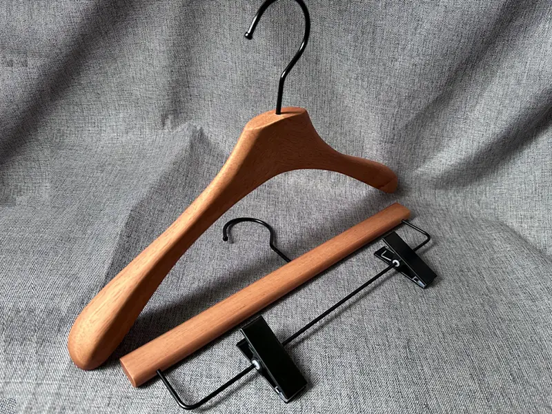 Custom color wooden hanger with black hook and clips 1