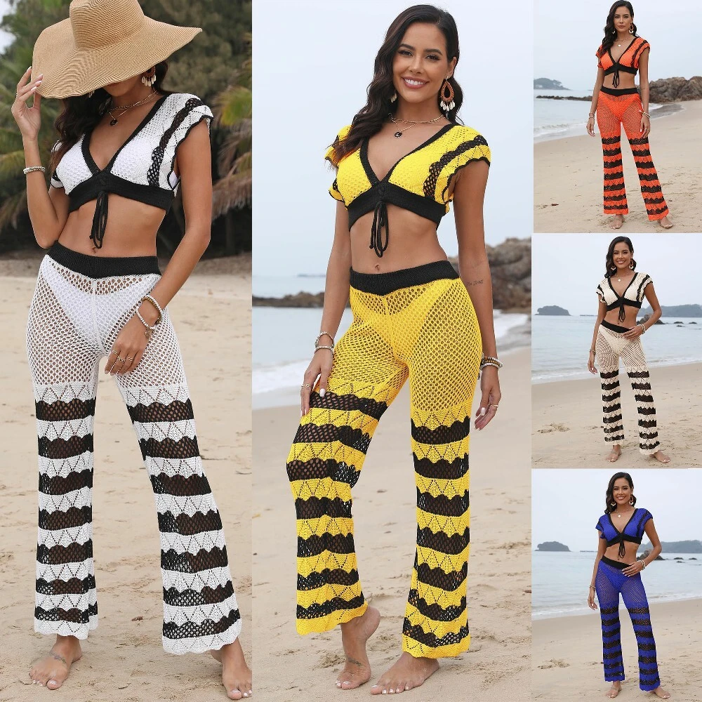 Fabricante de pantalones largos de malla de punto de ganchillo para mujer, tops cortos sexys con cuello de pico profundo para playa, conjunto de dos piezas para cubrir Bikini 1