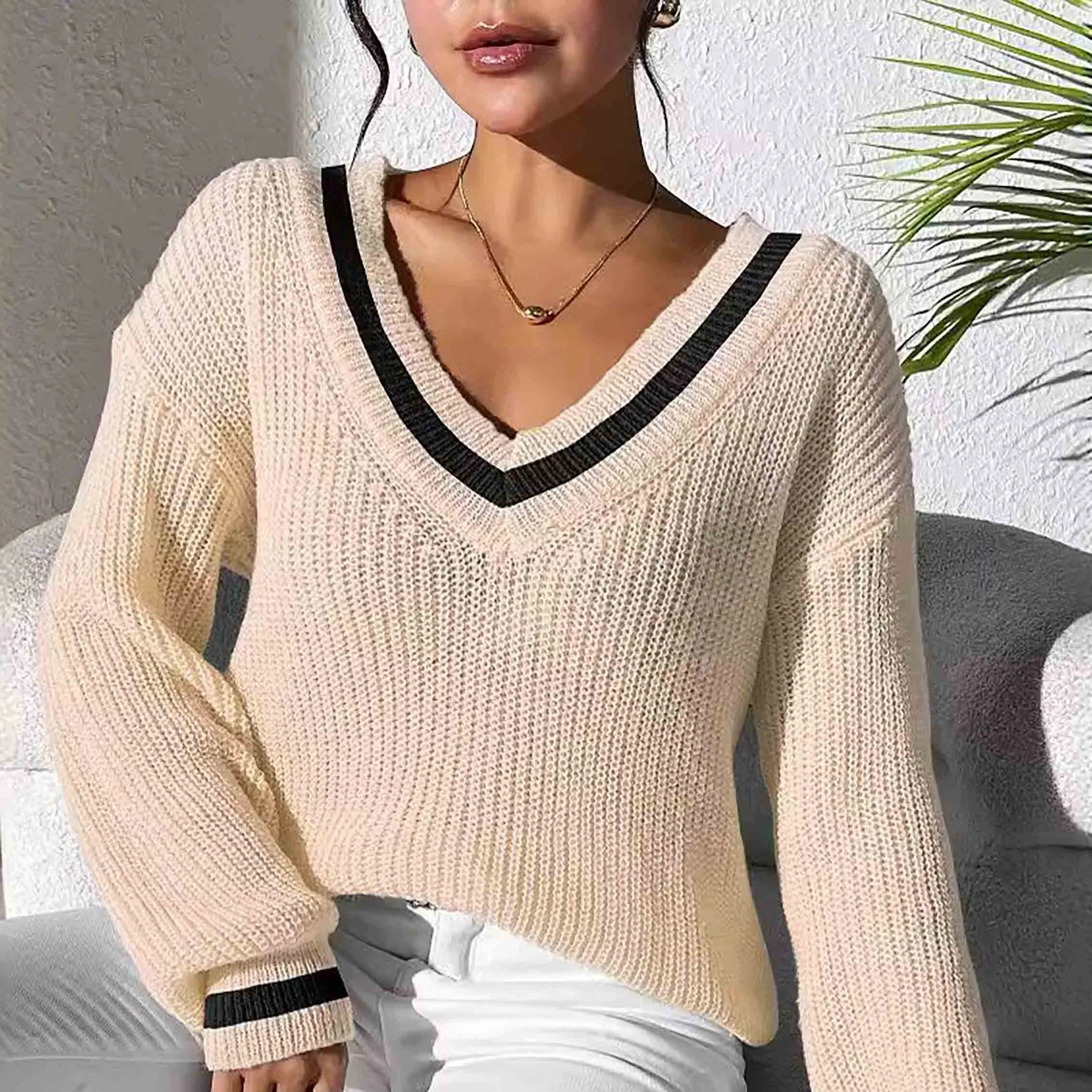 Suéter OEM ODM de fábrica tejido para mujer estilo preppy moda cuello en V tejido suelto Top uniforme escolar suéteres personalizados 1