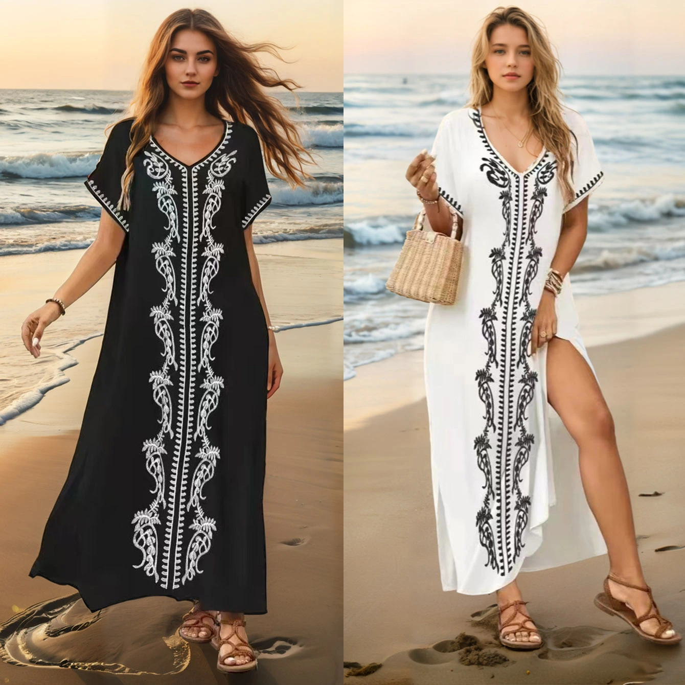 Vintage Embroidered Rayon Maxi Beach Dress - Boho Loose-Fitting Resort Cover-Up for Women 1