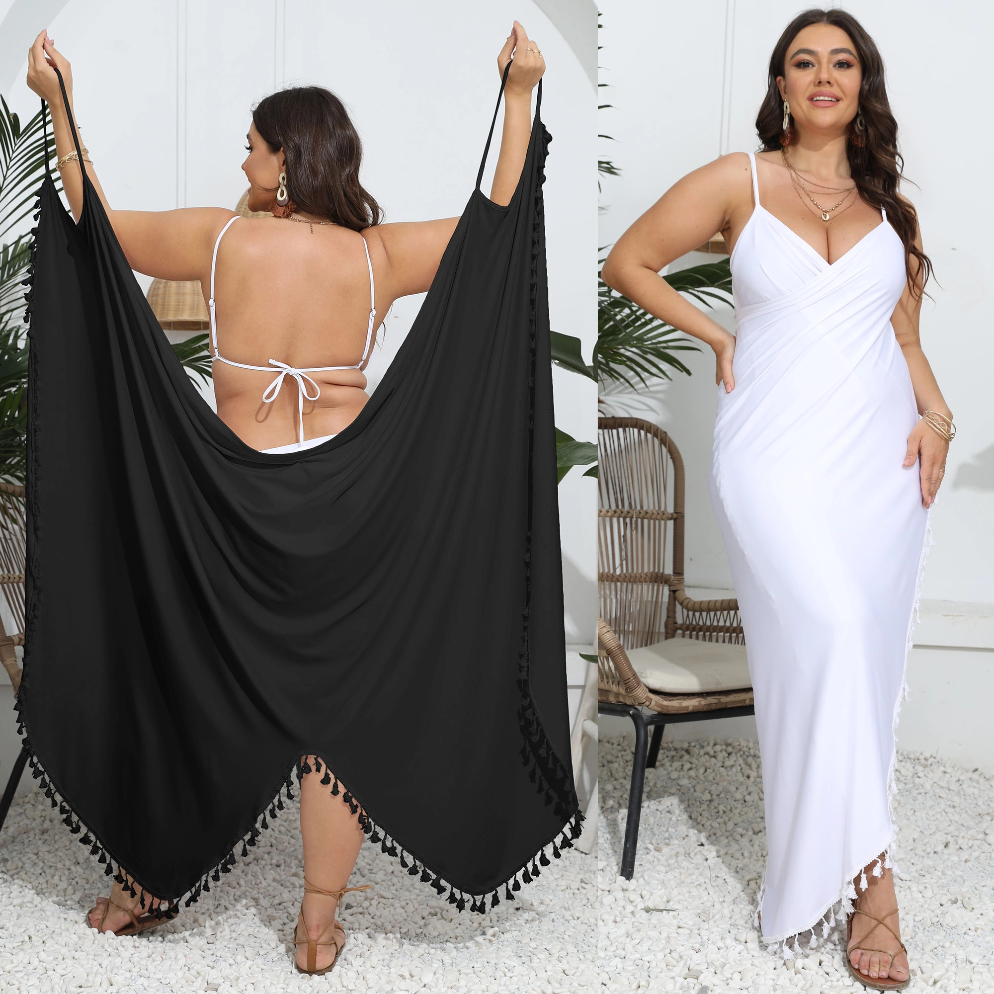 Wholesale Plus Size Women Multi-Way Beach Dress | Asymmetrical Fringe Maxi with Convertible Straps Cover Up | OEM Factory Direct 1