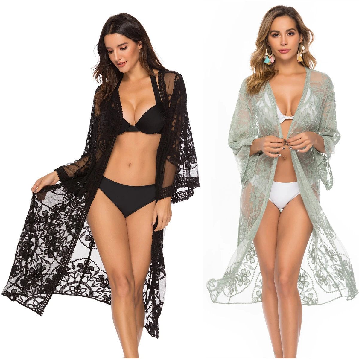 Wholesale Embroidery Lace Mesh Cover Up Kimono OEM Beach Bikini Sheer Shirt Cardigan Supplier Sun Protection, Custom & Bulk Pricing 1