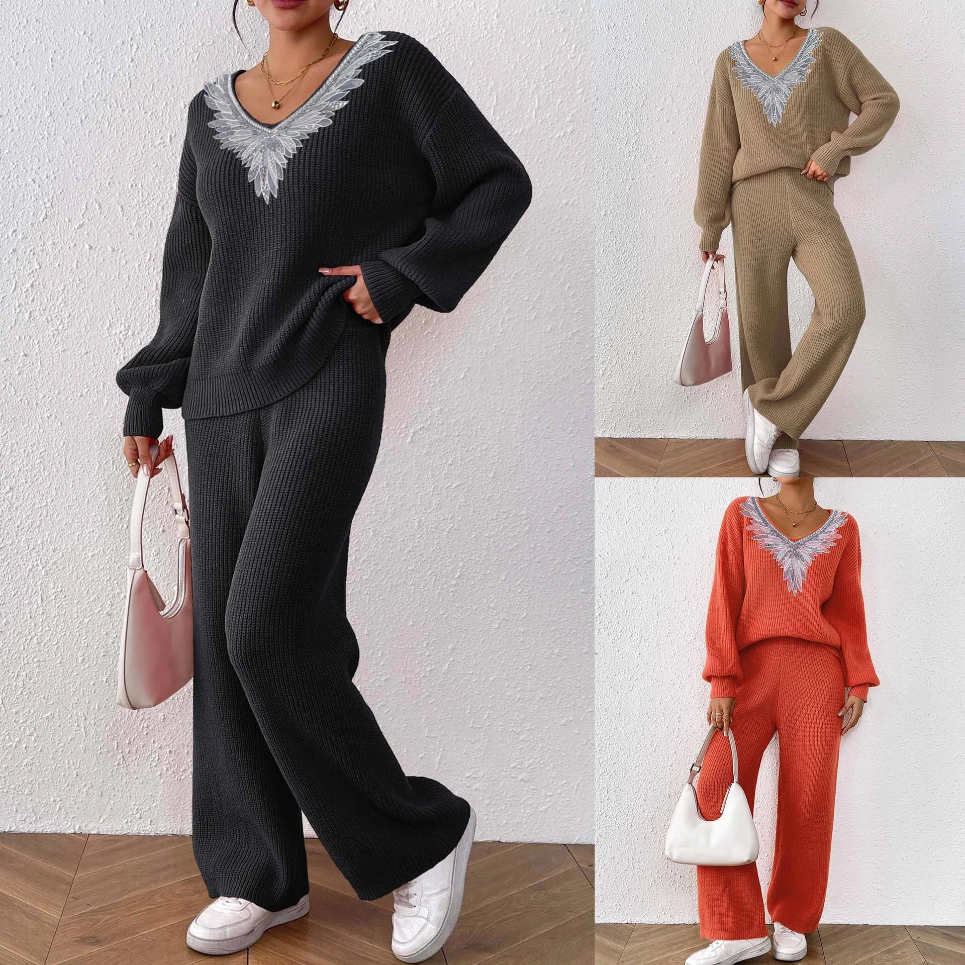 Women's Custom OEM ODM Two-Piece Knitwear Set V-Neck Loose Sweater with Solid Wide-Leg Pants Factory Direct Wholesale Price 1