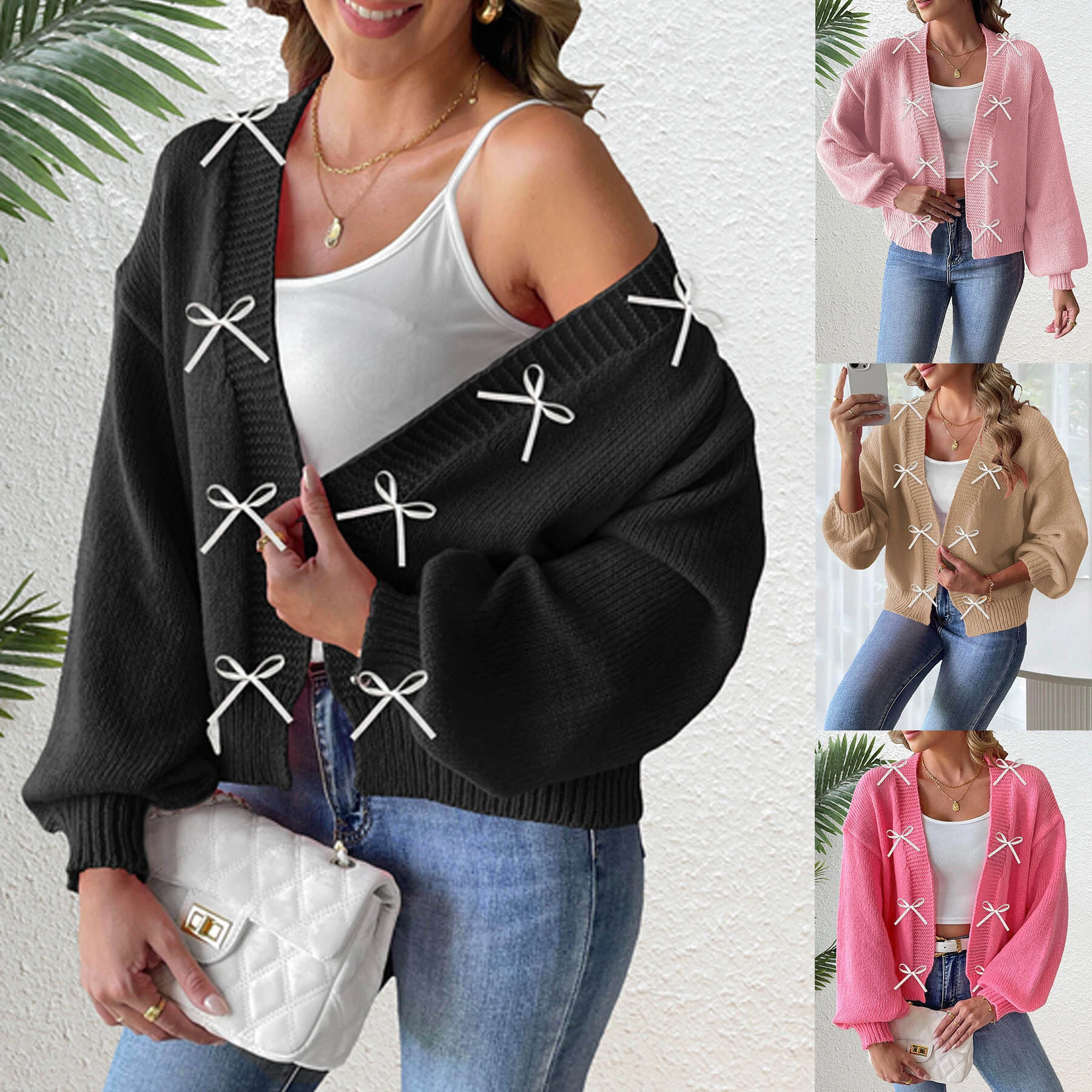 Women's Ribbon Bow Patchwork Sweater Cardigan Wholesale European American Style Winter Outerwear for Ladies 1