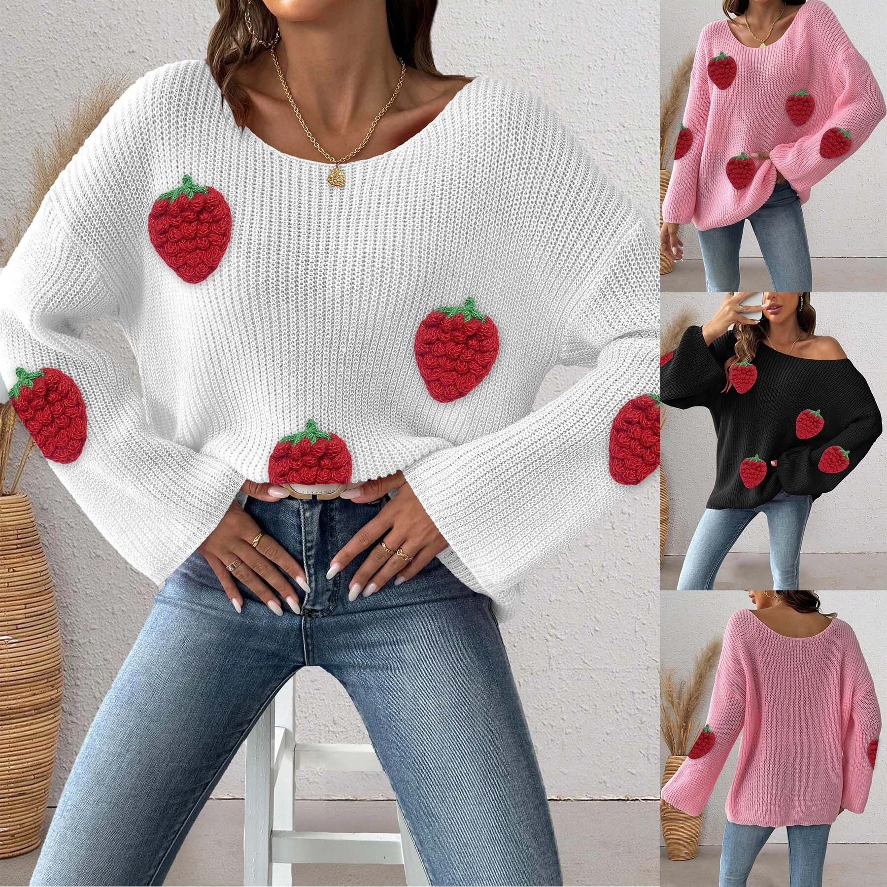 Wholesale Women's Strawberry 3D Patchwork Sweater Loose Off-the-Shoulder Boat Neck with Flared Sleeves EU/US Winter Style 1