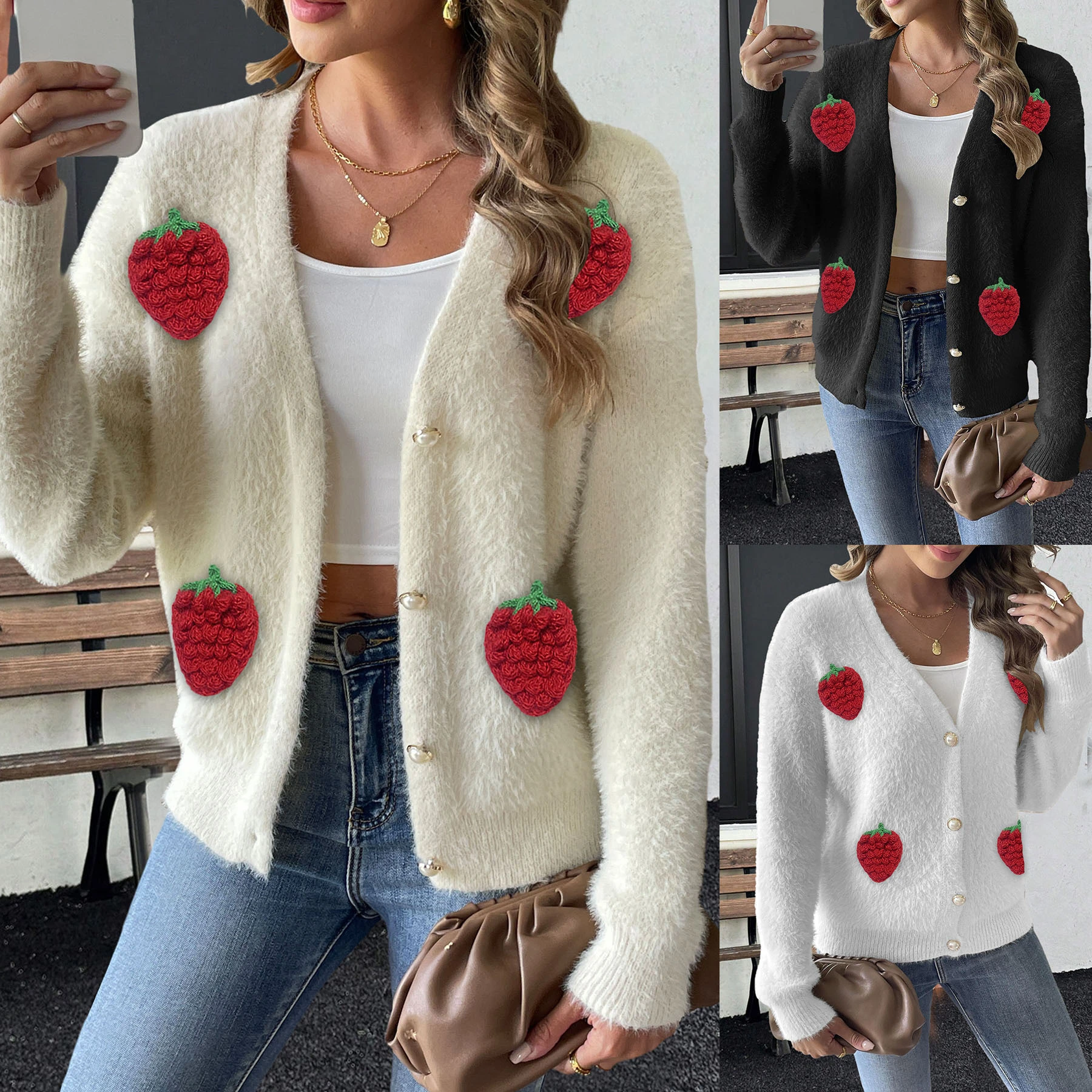 Wholesale Ladies' Faux Mink Fur Sweater Jacket - 4 Pearl Button Closure & 3D Strawberry Embroidery, EU/US Fashion for Bulk Order 1