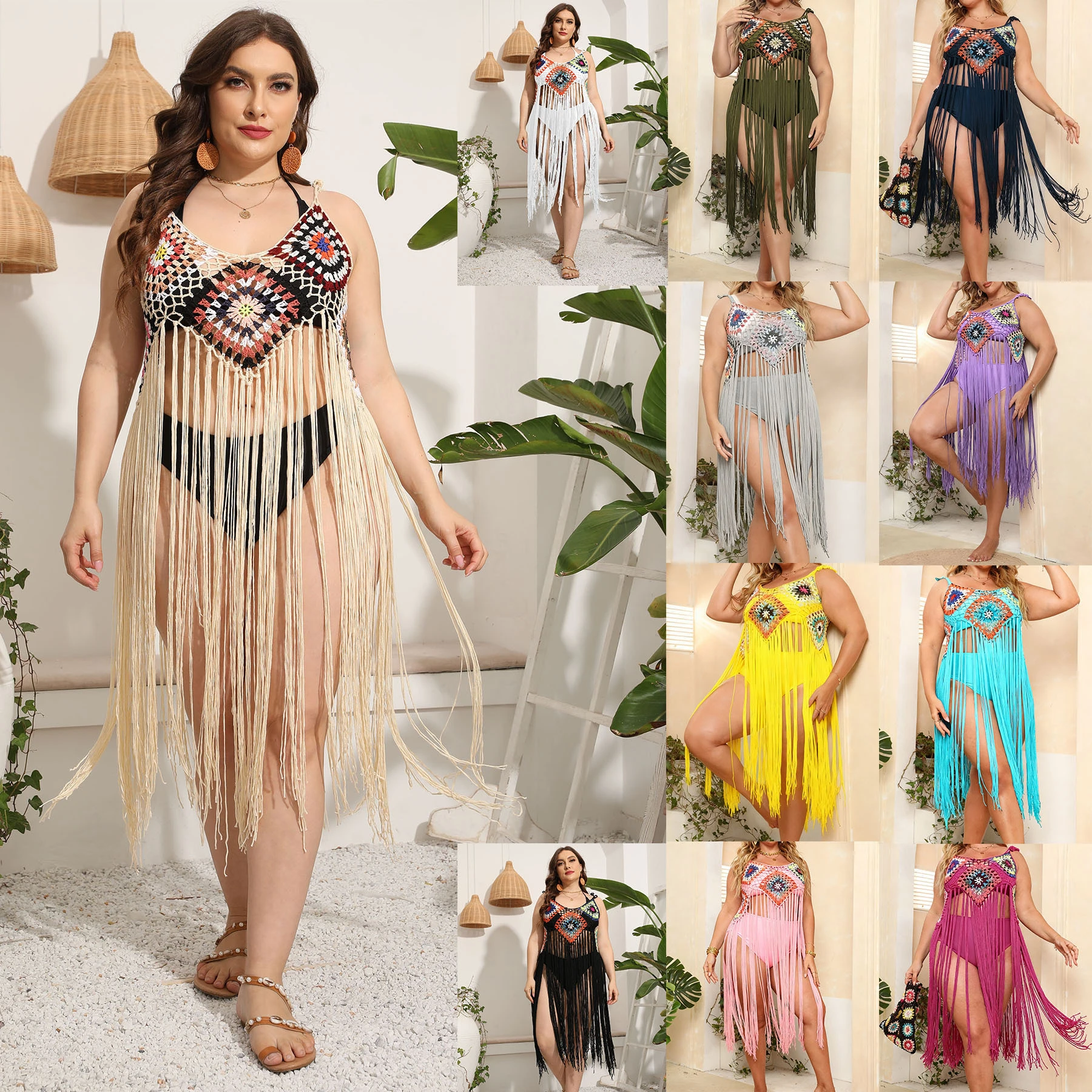 Wholesale Boho Fringe Maxi Dress Seaside Handmade Crochet Cover Up Long Tassel Dress for Women 1