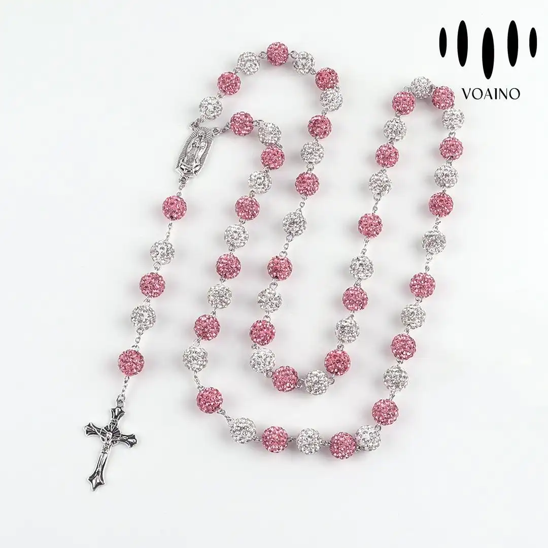 Pink and White Diamond Ball Rosary Necklace 18k/14k/9k/Pt950/S925 1