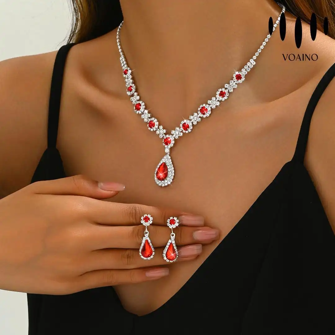 Water Drop Red Crystal Pendant Necklace Earrings Set 18k/14k/9k/Pt950/S925 1