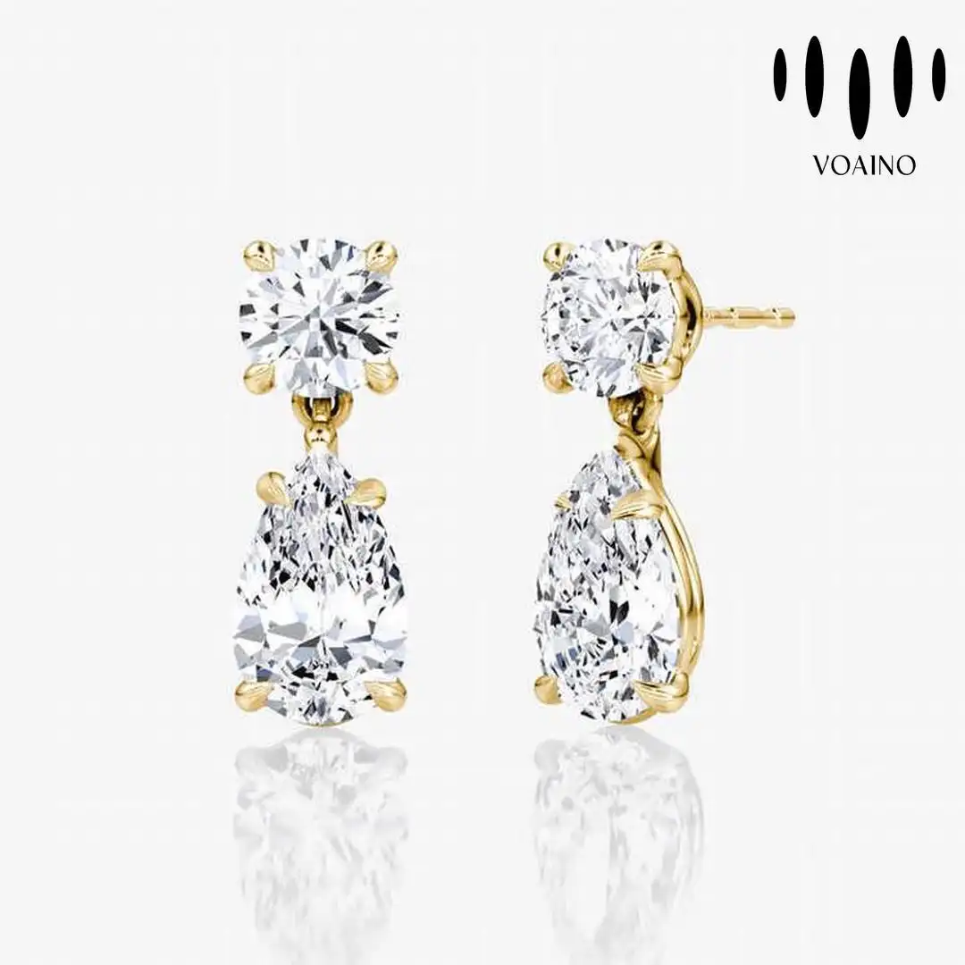 Pear Shape Lab Diamond Earrings with Round Top 0.5-5.0ct 18k/14k/9k/Pt950/S925 1