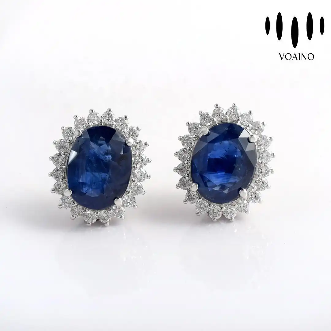 Blue Sapphire Diamond Earrings Oval Cut Studs 18k/14k/9k/Pt950/S926 1