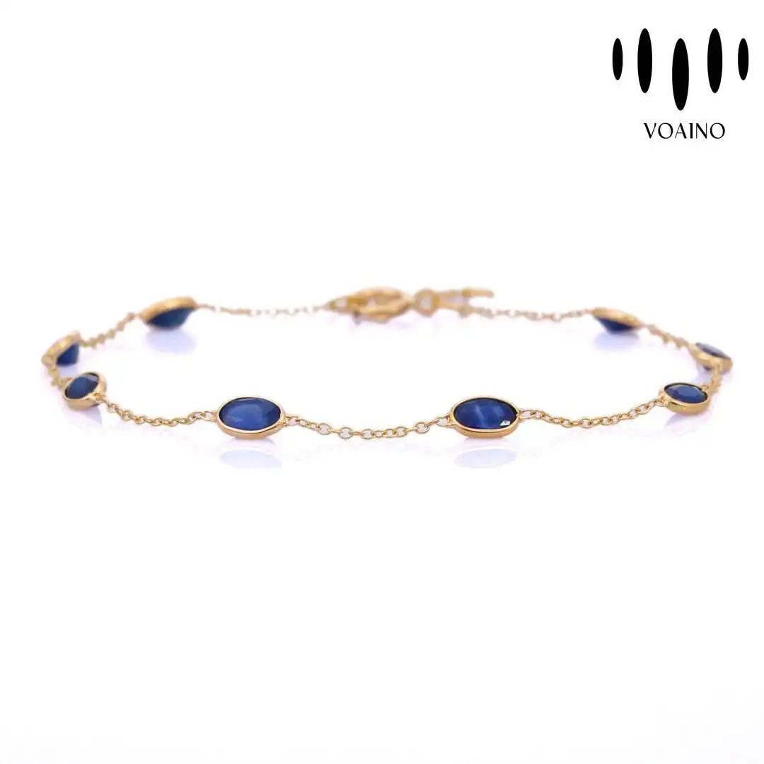 Oval Blue Sapphire Minimalist Adjustable Bracelet 18k/14k/9k/Pt950/S925 1