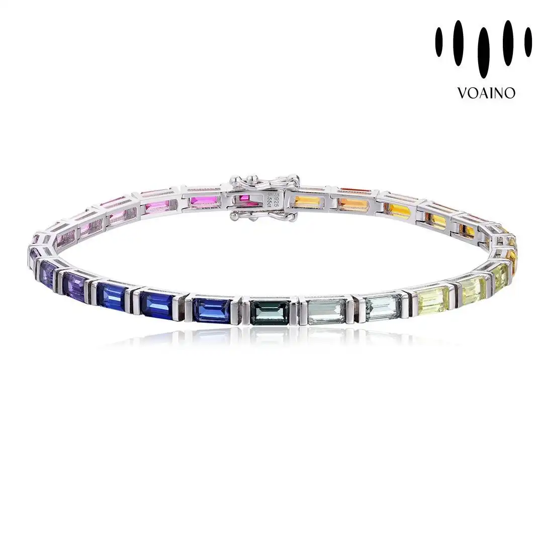 Colorful Square Gemstone Tennis Bracelet with Safety Clasp 18k/14k/9k/Pt950/S925 1