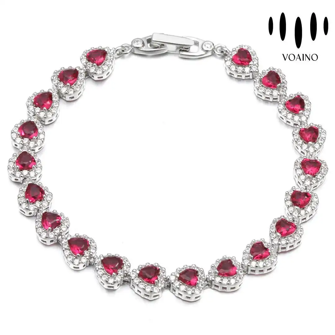 Heart-Shaped Ruby Tennis Bracelet with Diamond Accents 18k/14k/9k/Pt950/S925 1