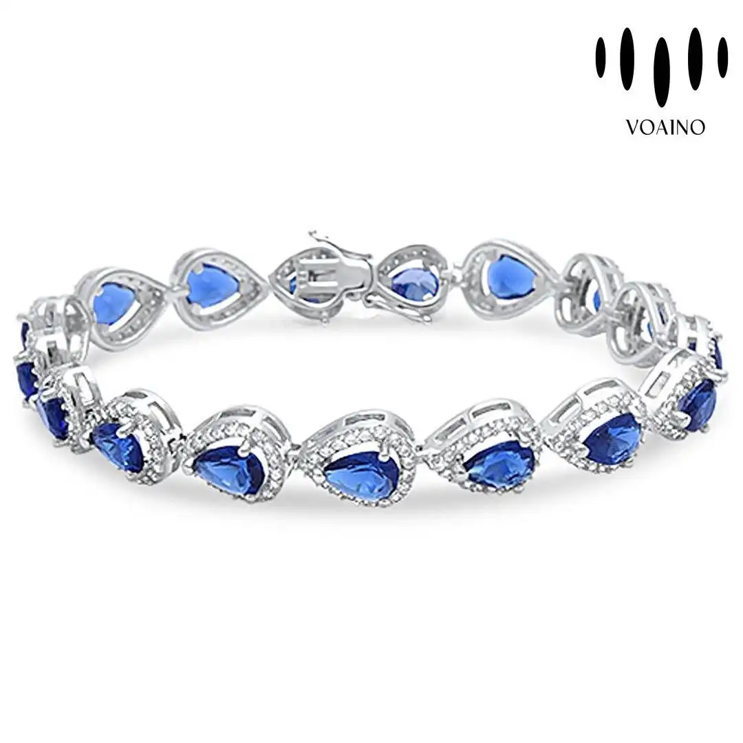 Blue Sapphire Pear Shape Tennis Bracelet with CZ Accents 18k/14k/9k/Pt950/S925 1