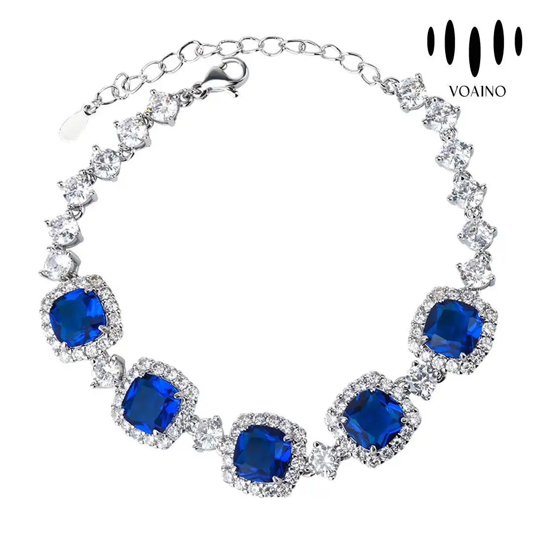 Square Blue Sapphire CZ Tennis Bracelet Elegant Wedding Jewelry 18k/14k/9k/Pt950/S925 1