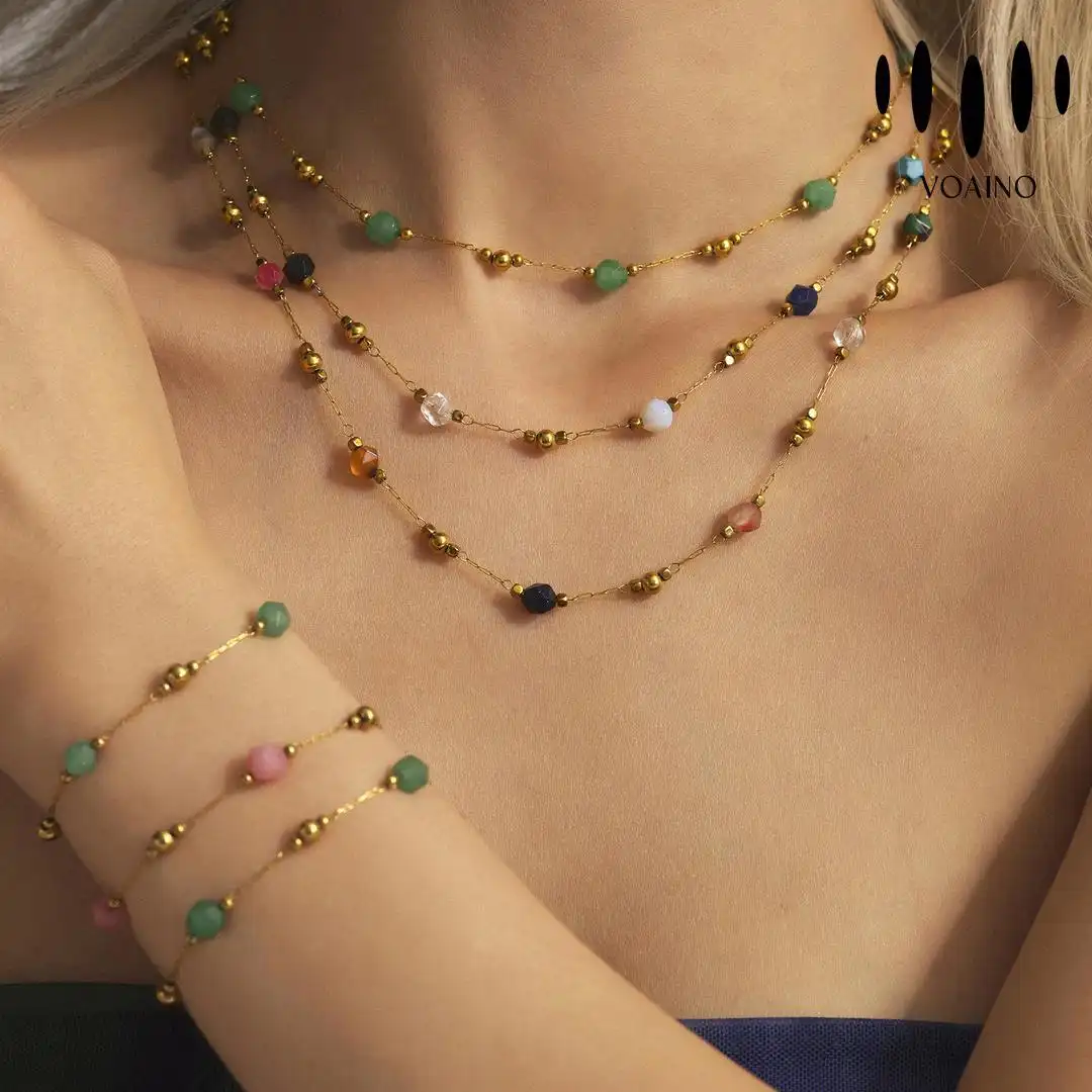 Multicolor Gemstone Beaded Necklace Bracelet Set 18k/14k/9k/Pt950/S925 1