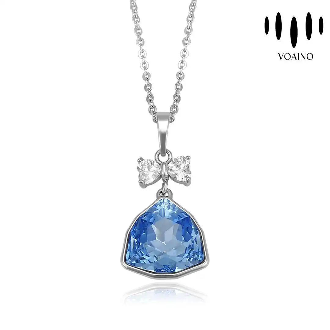Blue Sapphire Crystal Pendant Necklace with Bow 18k/14k/9k/Pt950/S925 1