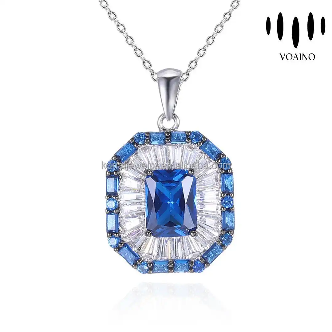 Square Sapphire CZ Pendant Necklace in 925 Sterling Silver 18k/14k/9k/Pt950/S925 1