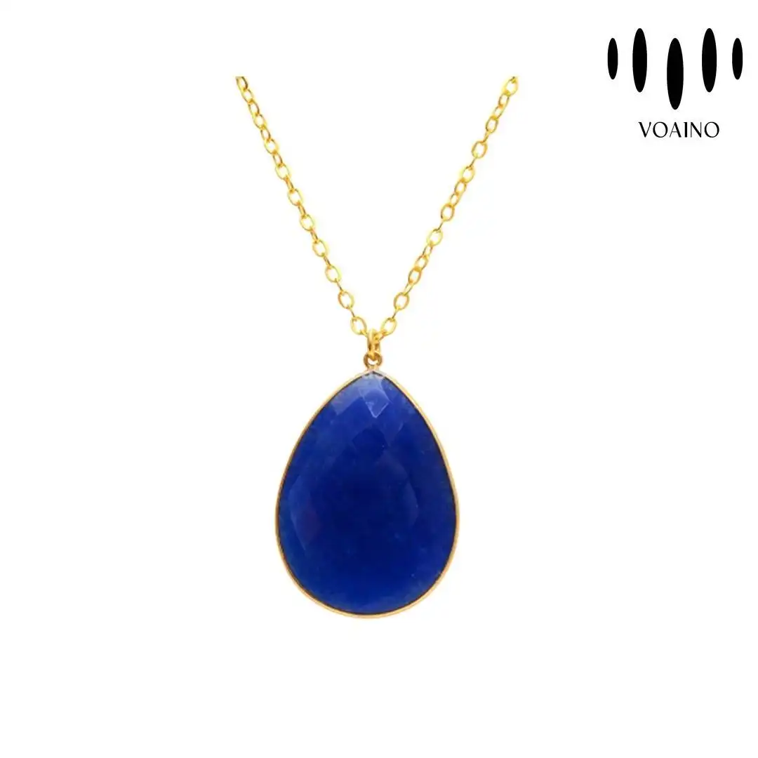 Blue Sapphire Teardrop Pendant Necklace Gold Plated Chain 18k/14k/9k/Pt950/S925 1