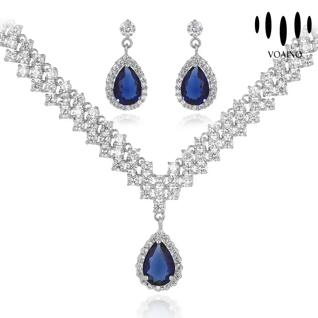 Blue Sapphire Teardrop Necklace Earrings Set 18k/14k/9k/Pt950/S925 1