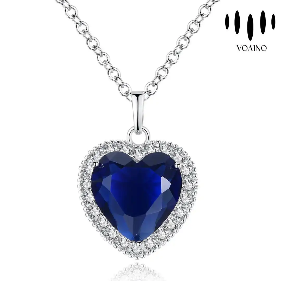 Heart Sapphire Crystal Pendant Silver Chain Necklace 18k/14k/9k/Pt950/S925 1