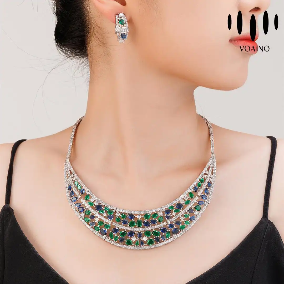 Emerald and Sapphire Micro-Inlaid Bridal Necklace Set 18k/14k/9k/Pt950/S926 1