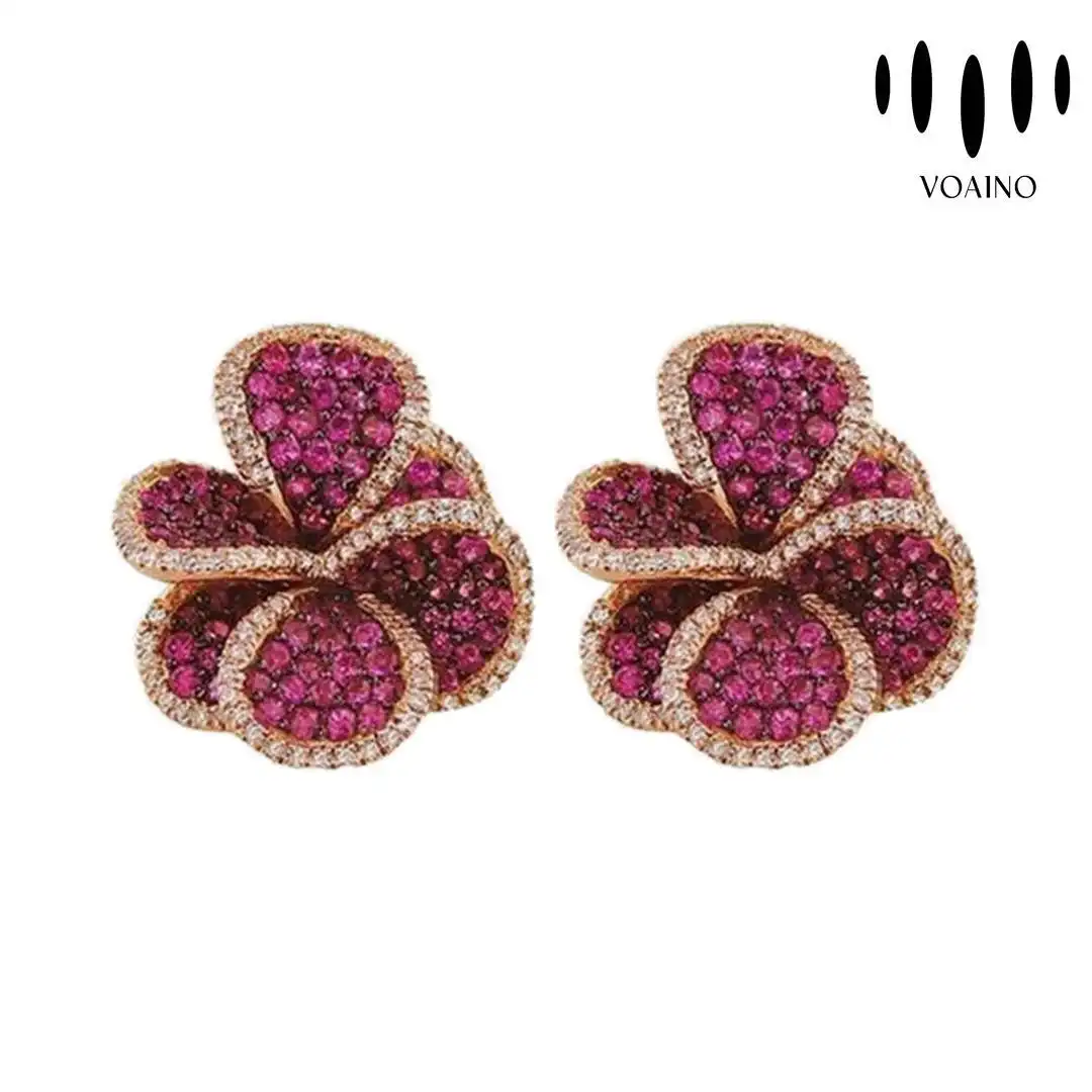 Red Ruby and Zircon Stone Flower Charm Earrings 18k/14k/9k/Pt950/S925 1