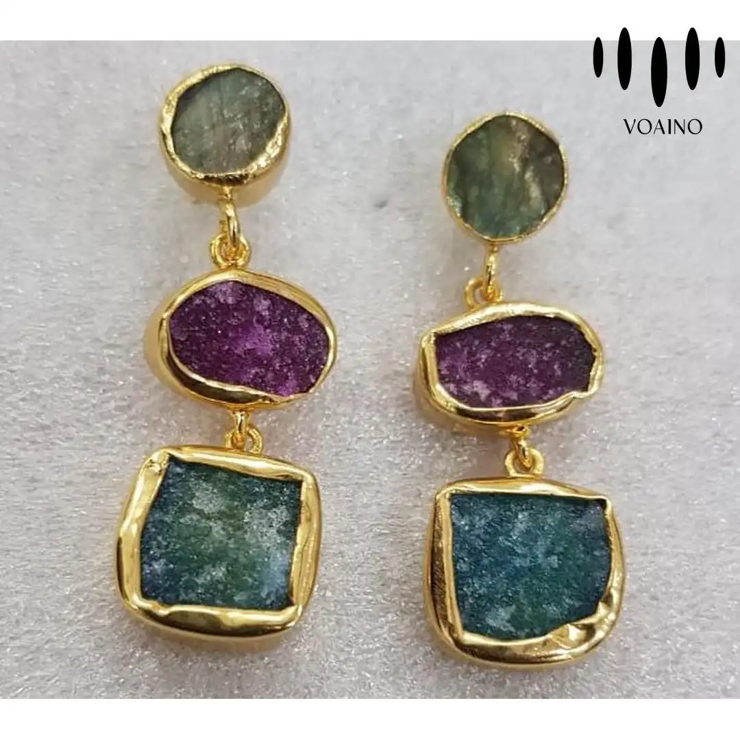 Labradorite Ruby Sapphire Rough Gemstone Gold Plated Dangle Earrings 18k/14k/9k/Pt950/S925 1