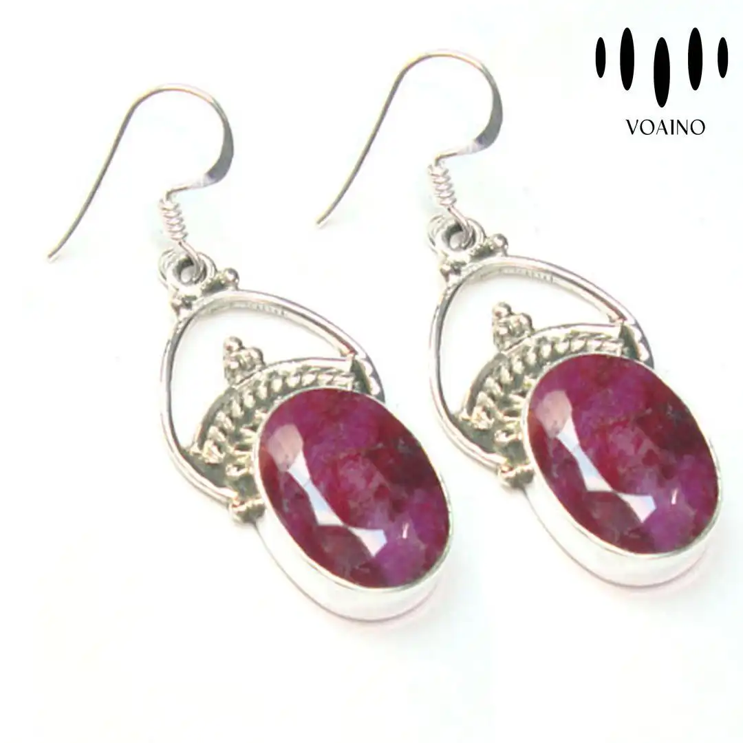 Oval Cabochon Ruby Earrings in Sterling Silver 18k/14k/9k/Pt950/S925 1