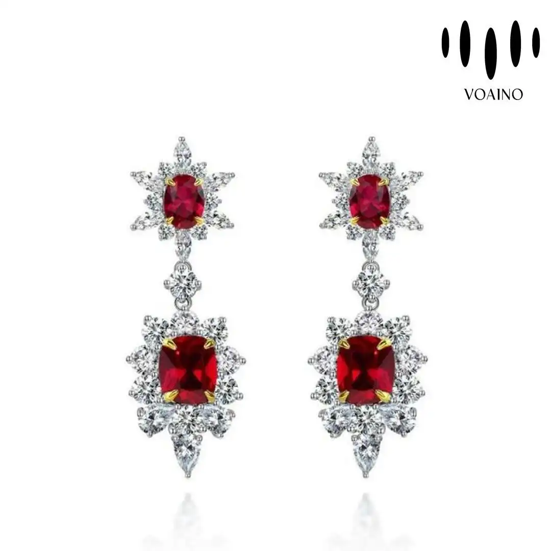 Ruby Red Square Drop Earrings Luxury Star Design 18k/14k/9k/Pt950/S925 1