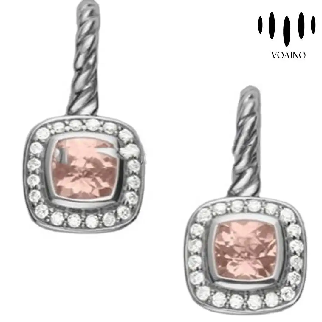 Pink Morganite Square Stud Earrings with Diamonds S925 18k/14k/9k/Pt950/S925 1